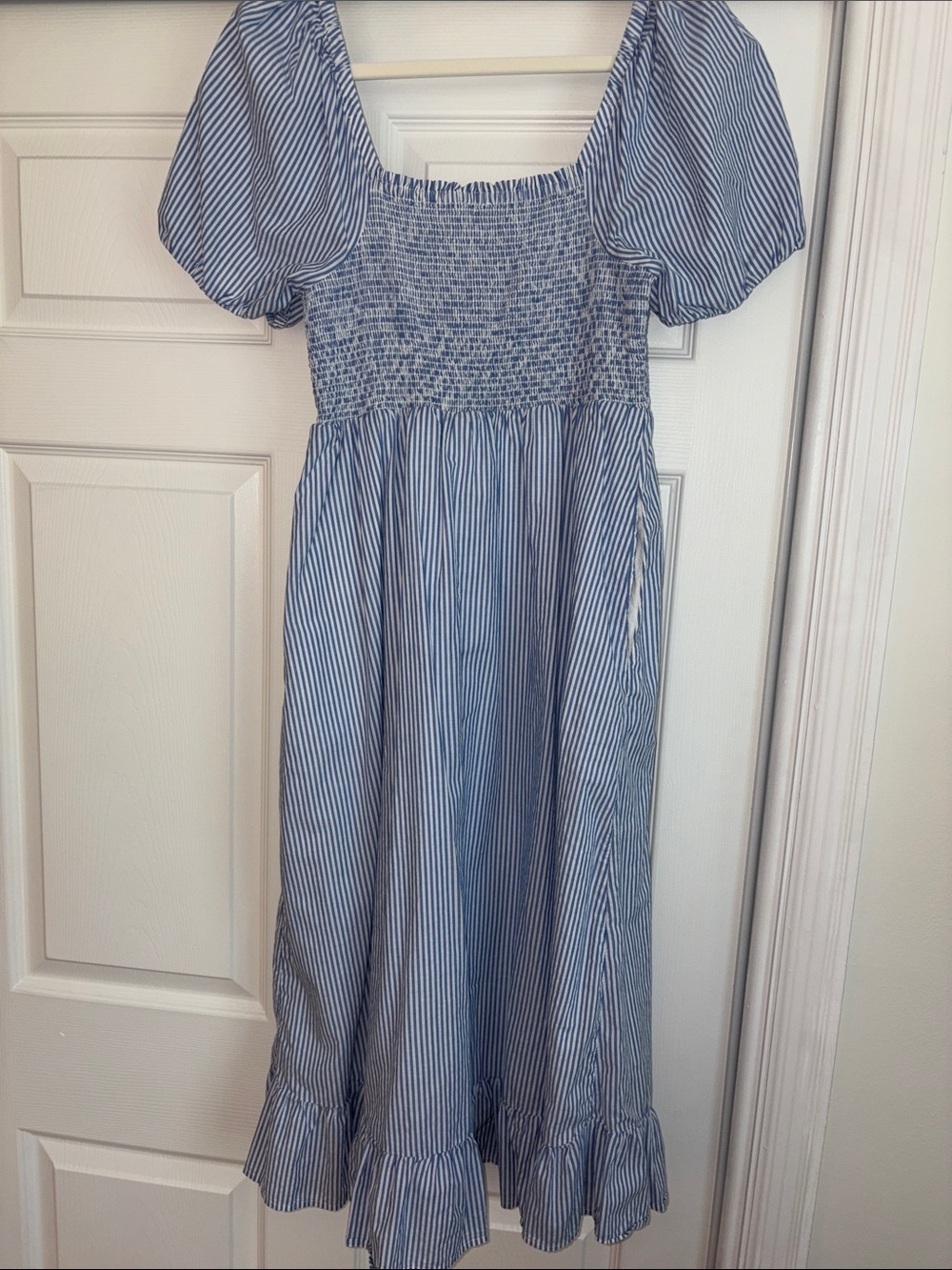J. Crew Factory Blue and White Striped Smocked Midi Dress - Picture 6 of 8